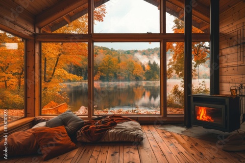 A cozy wooden cottage with a fireplace and large windows offering views of a serene lake and forest in autumn colors.