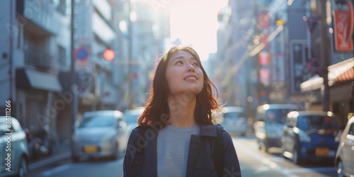 Japanese woman contemplating city, street, and sun with vision, ideas, or vacation. girl, person, and outdoor on metro sidewalk, road, or happy for Tokyo vacation, adventure, or travel