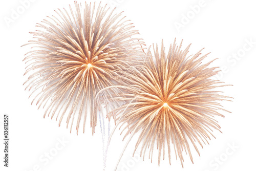 Three golden firework bursts with delicate trails on a transparent, png, white background, suitable for festive designs