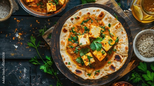 Kerala style homemade wheat flatbread with layers served with Paneer curry seen from above