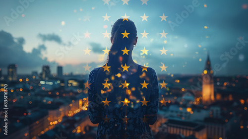 Radiant Woman Adorns Europe Flag, Celebrating Europe Day with Elegance and Pride, National Symbolism, European Unity, Cultural Heritage, Beautiful Model, Patriotic Gesture, European Identity