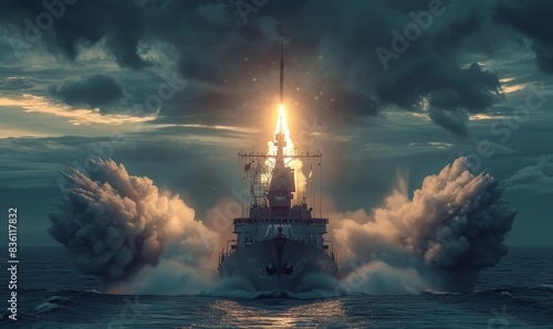 wide banner of missiles being launched out of warboats destroyers for military special navy missions concepts - Generative AI