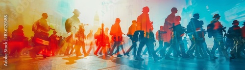 Silhouettes of people walking in a colorful, abstract background.