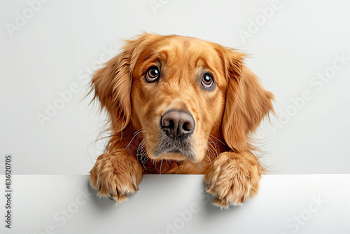 A Golden Retriever puppy with an embarrassed expression, peeking over a white surface, showcasing its expressive and endearing nature.