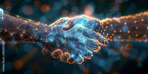 Two digital hands clasped in a virtual handshake. Concept Virtual handshake, Digital connection, Online agreement, Digital communication