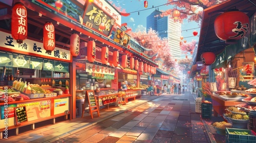 A vibrant setting of a Japanese street food market with various stalls and colorful foods