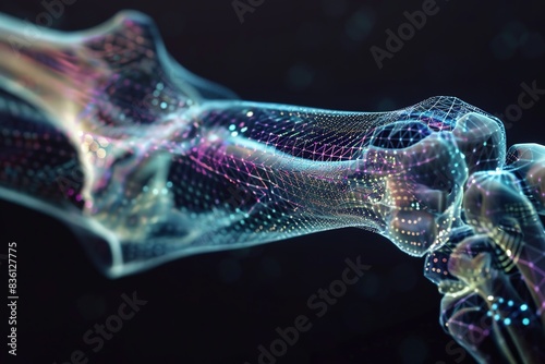 Holographic 3D representation of a Humerus bone structure against a dark background