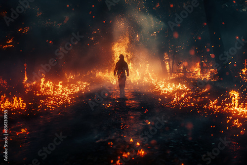 Fireman stands in a forest fire