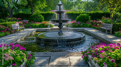 A garden with a fountain image