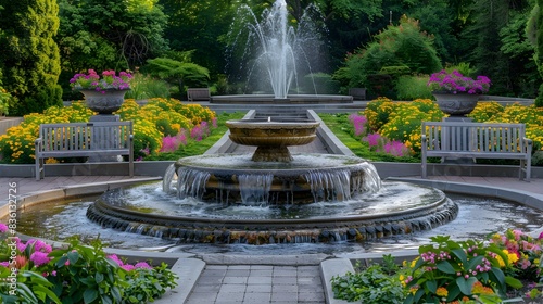 A garden with a fountain pic