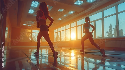 Fit duo performing lunge exercises with dumbbells, gym's modern and clean design.