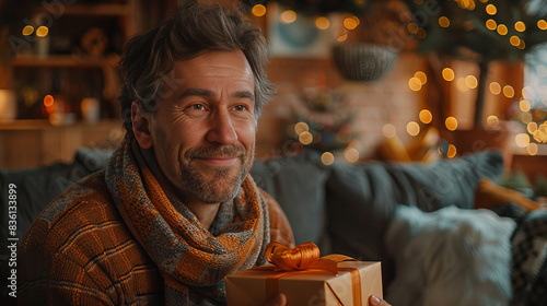 Man Receiving Gift with Joy - A man receiving a gift with a smile, sitting in a cozy, festive environment, capturing the joy and warmth of the holiday season.