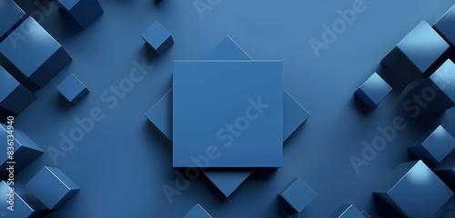 An abstract background in blue featuring 3D squares, creating a modern, minimalist design with layers and depth.