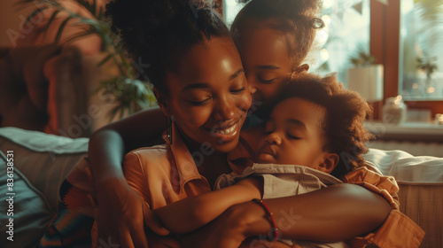 Candid photo of beautiful mixed race african american mother hugging children at home. Happy image of family life together as a single parent. Positive parenthood and childhood in ethnic minorities. 