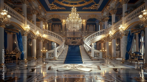 Sophisticated, elegant ballroom with chandeliers, grand staircase and luxurious decor