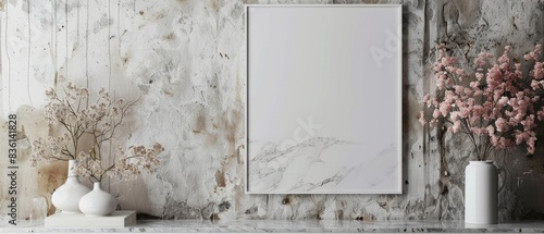 A blank white marble picture frame mockup hangs on a textured interior wall, adding an architectural touch with various flowers placed nearby. The 3D poster mockup complements the modern, minimalist a
