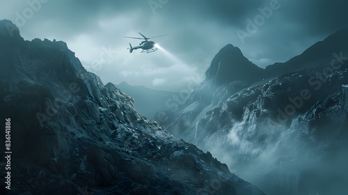 A helicopter hovers above rugged mountains, its searchlight casting a beacon of hope on a lost hiker below. Amidst the unforgiving terrain, the scene symbolizes the relentless pursuit of salvation