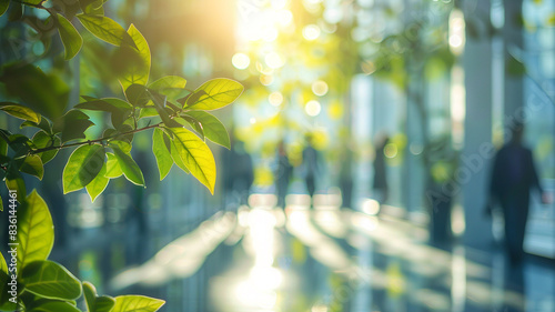 blurred background of people strolling in a modern office building with green trees and sunlight, eco-friendly and environmentally responsible business concept image with copy space. 