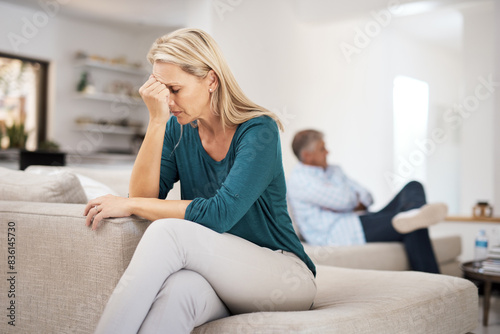 Couch, couple and fight in home for annoyed, divorce or married people for argument. Disagreement, sofa and lounge for frustrated woman, affair or emotion in toxic relationship with mature partner