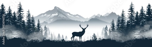 Wildlife Adventure: Silhouette of Forest Animals, Misty Fog & Fir Trees in Panoramic Landscape Vector Illustration for Logo