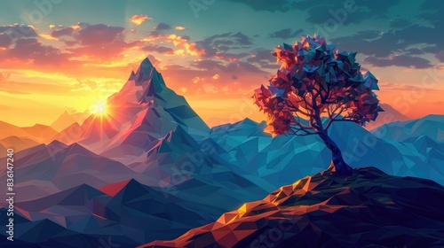 Low Poly Mountain Landscape Low Poly Mountain Landscape with Vibrant Sunset Sky and Geometric Tree Silhouette, showcasing the beauty of low-poly art and digital landscapes, soft tones, fine details,