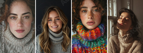 Portrait set of a young woman wearing a warm knitted winter sweater