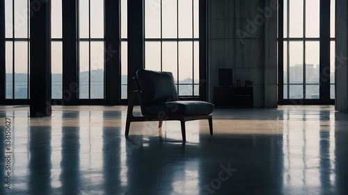 Minimalist Elegance: Lone Black Chair in Spacious Room, Sleek Sophistication: A Single Black Chair in an Empty Room, Modern Simplicity: A Solitary Black Chair in a Spacious Setting, Contemporary Contr
