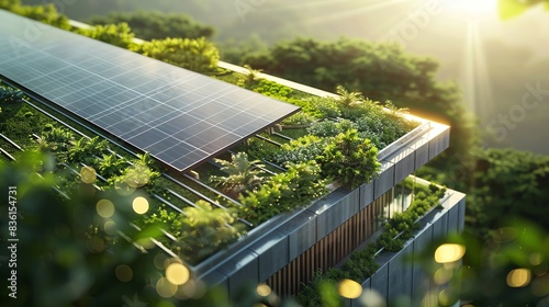 Green roof building with solar panels and lush vegetation.