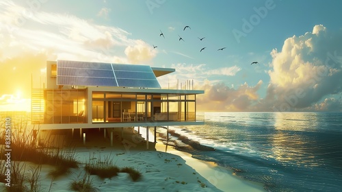 Modern house with solar panels on the beach at sunset.