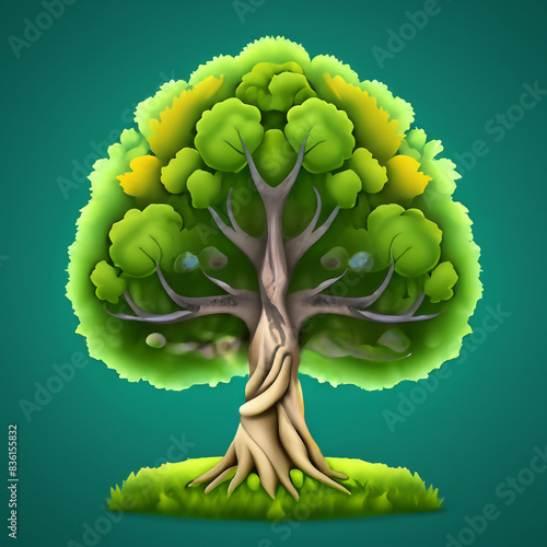 Illustration of a silhouette of one green tree. A single deciduous tree with a bushy crown in the lawn and on a green background.