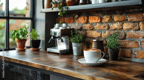 A cup of coffee sits on a wooden table in front of a brick wall. The coffee is steaming and has a beautiful crema. The table is decorated with a few plants and the background has a window .
