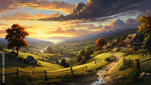 An idyllic countryside scene with rolling hills and a setting sun 