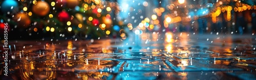Nighttime Reflections: Defocused Christmas Market with Wet Paving Stones, Bokeh Lights, and Rainy Ambience