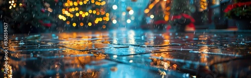 Nighttime Reflections: Defocused Christmas Market with Wet Paving Stones, Bokeh Lights, and Rainy Ambience
