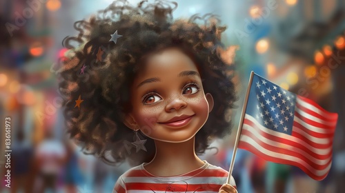 smiling little afro american girl with curly hair, holding an American flag, with a blurry street scene behind her