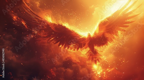 A powerful phoenix soaring upwards amidst intense flames and sparks, symbolizing rebirth and immortality in a dramatic fiery scene.