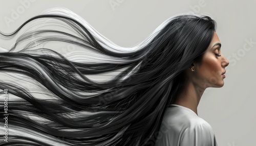 Arabic woman, open long hair, flowing from right to left, black hair which turn white and rought towards the end, 4k, Photorealistic,