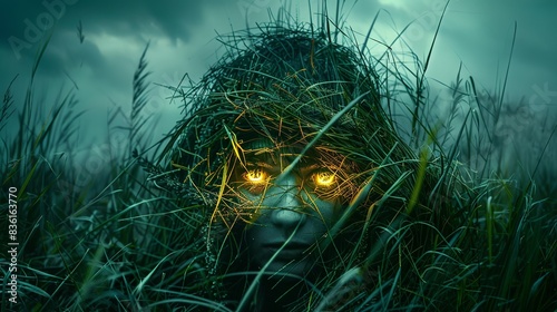 ominous, smirking turning woman made of toxic green grass, barkskin, twilight, dramatic photo, huge alien eyes with tingling fires