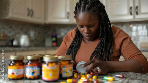 pregnant woman with beautiful dreadlocks carefully counts and organizes pills on a kitchen counter, surrounded by warm sunlight.