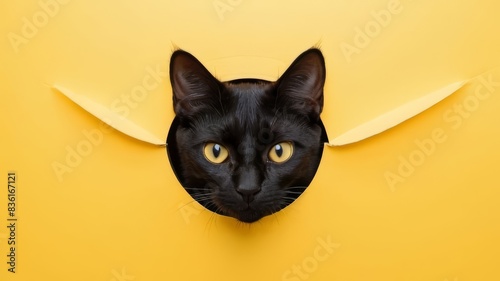 Black cat Peeks Through Ripped Yellow Setting.