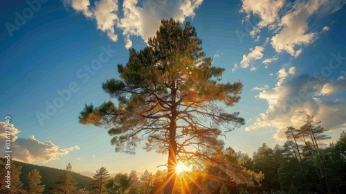 Tall pine tree illuminated by the setting sun against the blue sky