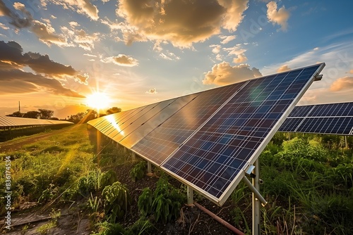 Close-up solar panel in field photovoltaic panels at sunset, energy generation for greener future