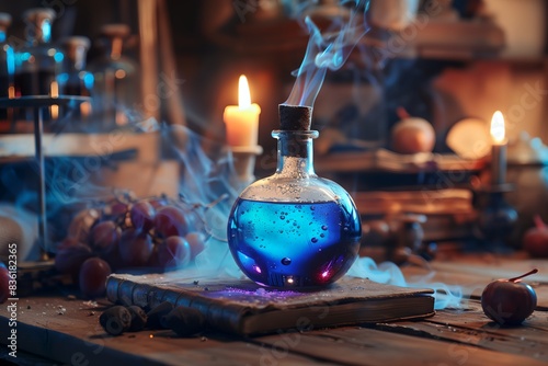 blue liquid in a bottle with a candle in the background and a book on a table