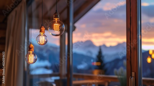 Sustainable lighting solutions for ecofriendly homes, close up on LED bulbs, environmental benefits, realistic, composite, mountain lodge backdrop