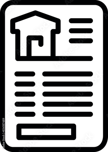 Black and white real estate contract icon with house and agreement document illustration in minimalist line art vector graphic design for buying, renting, and leasing residential properties