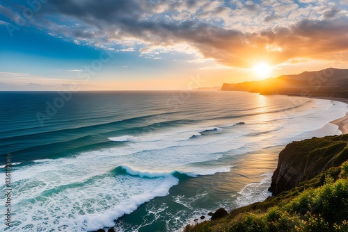 beatifull-sea-view-on-the-coastline-with-a-bright-sunset-on-the-side-of-the-picture-and-a-surfer
