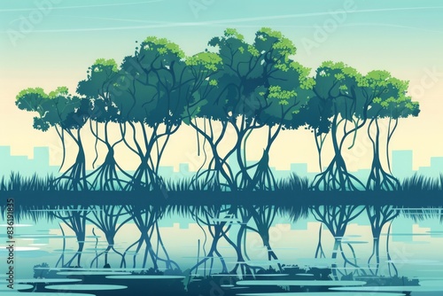 Serene mangrove forest illustration with reflections in water, highlighting nature and environmental conservation.