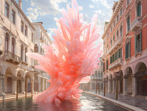 a large, abstract Supercluster sculpture made of pink materials, with fluid shapes on the Europe street