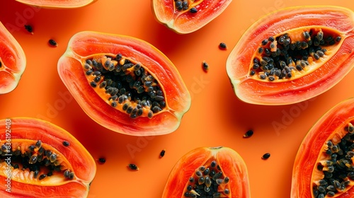  Minimalist composition of cut papaya slices on an orange background 