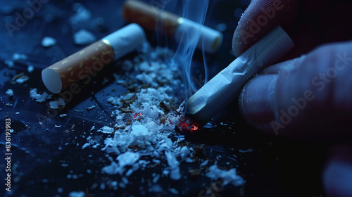 person breaking cigarette in the ashtray into pieces, Stop smoking concept